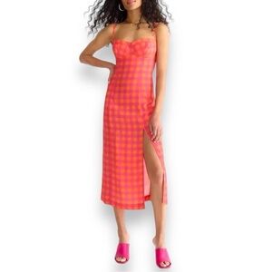 J. Crew Pink and Orange Gingham Midi Dress with Side Slit Invite Dress